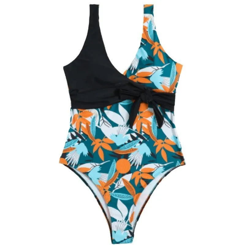 Women's high waist one-piece swimsuit in a printed pattern, showing front design.