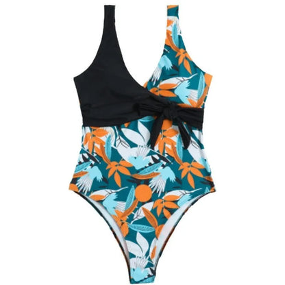 Women's high waist one-piece swimsuit in a printed pattern, showing front design.