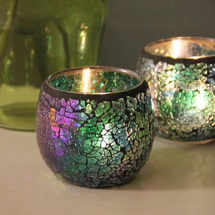 Mosaic glass candle holder in vibrant colors with elegant mosaic pattern