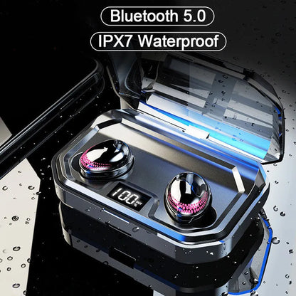 Black X10 Bluetooth headset with charging bin, showing compact 150x100x40mm size and lightweight design