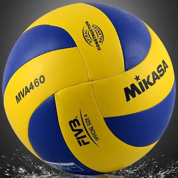 PU volleyball in size 4 or 5 with machine-sewn panels, available in MVA360 and MVA460 colours