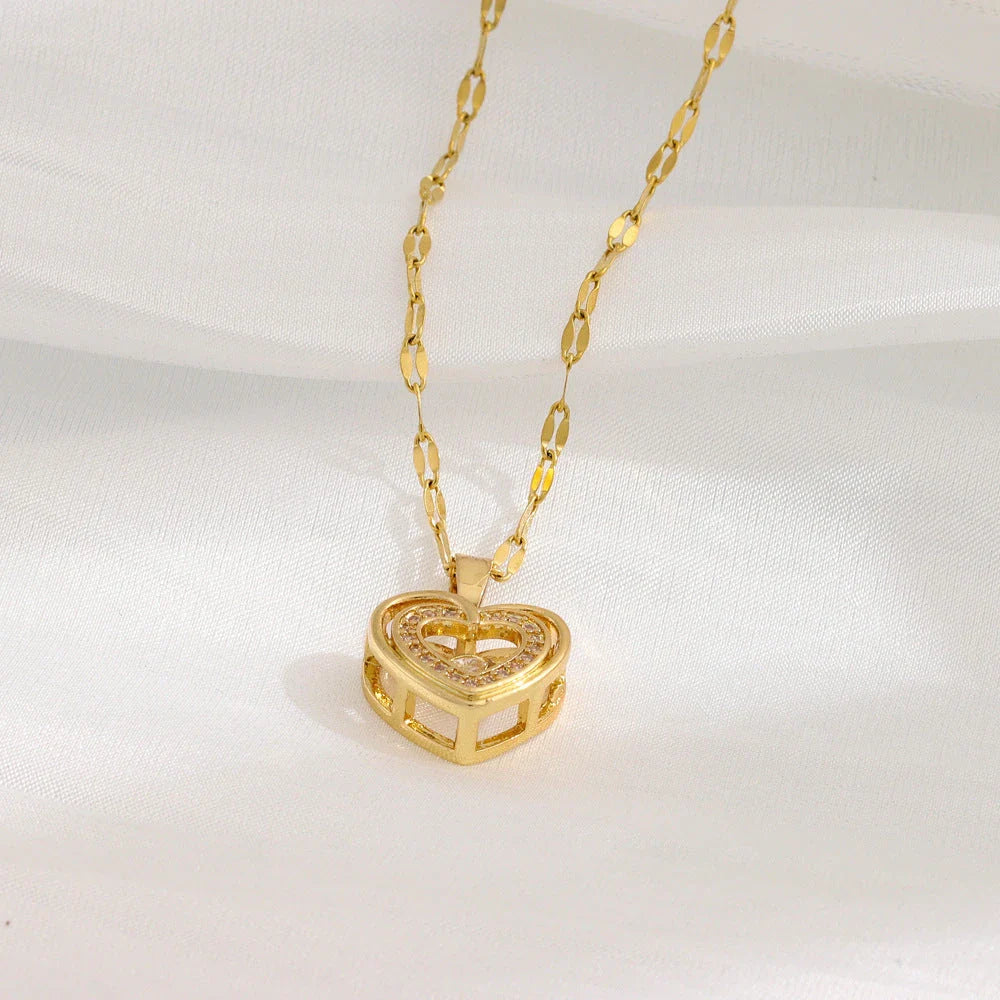 Elegant titanium steel necklace with heart-shaped pendant and rhinestones