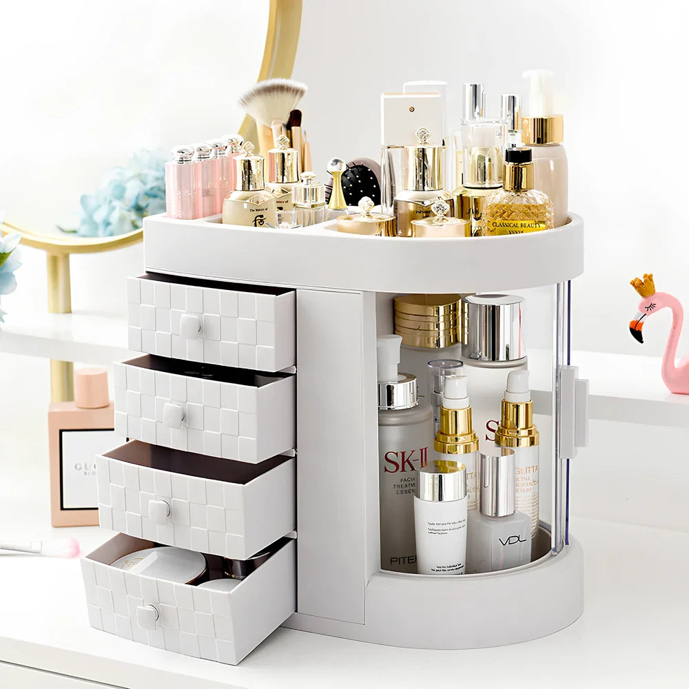 White plastic skincare storage rack with multiple compartments measuring 29.5cm wide