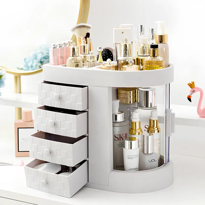 White plastic skincare storage rack with multiple compartments measuring 29.5cm wide