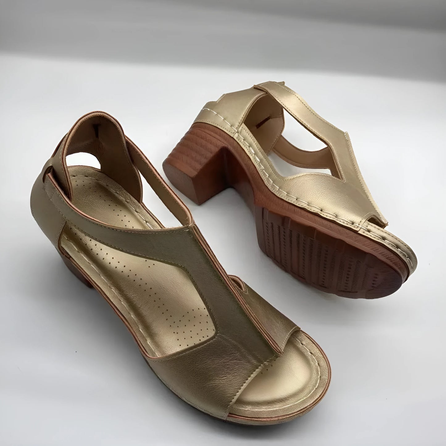 Plus size women's peep toe wedge sandals with adjustable buckle strap in light brown colour