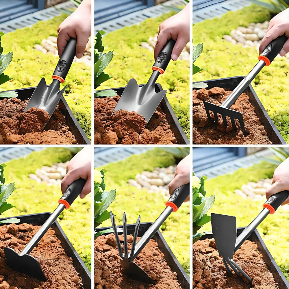 Five-piece small shovel set with black carbon steel heads and plastic handles for flower planting