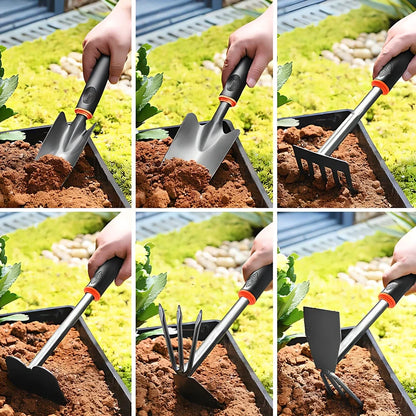 Five-piece small shovel set with black carbon steel heads and plastic handles for flower planting