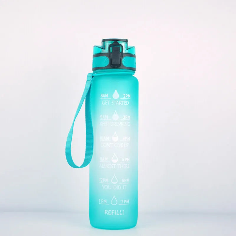 Transparent 1000ml Tritan sports water bottle with infuser on a plain background