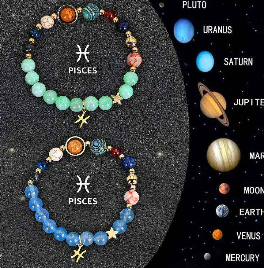 Two adjustable zodiac bracelets with natural stone beads and stainless steel charms showing 18-22cm circumference