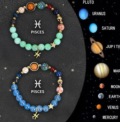Two adjustable zodiac bracelets with natural stone beads and stainless steel charms showing 18-22cm circumference