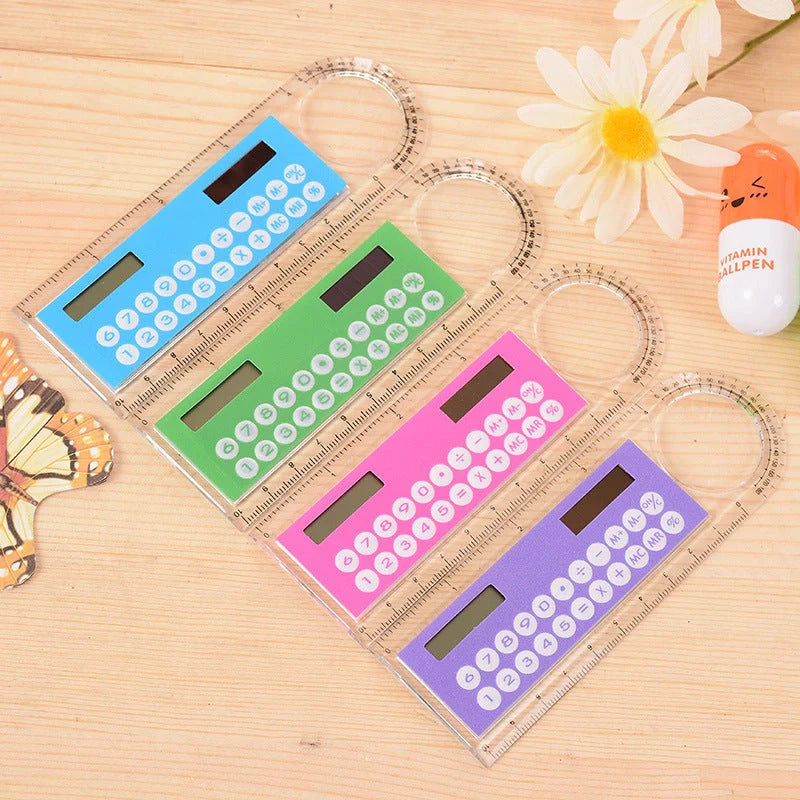 Solar-powered ultra-thin ruler calculator with magnifier, eco-friendly and portable