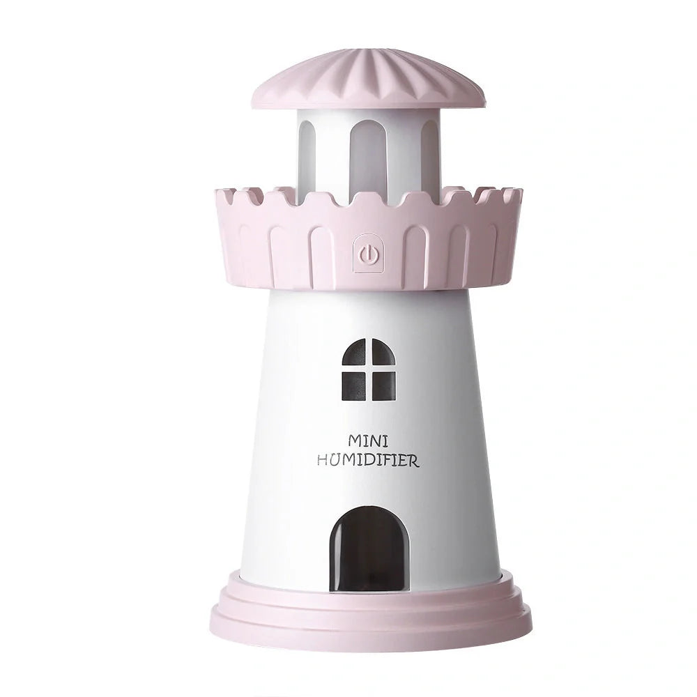 Lighthouse Humidifier with USB night light in five colors: green, pink, blue, red, gray