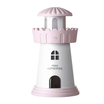 Lighthouse Humidifier with USB night light in five colors: green, pink, blue, red, gray