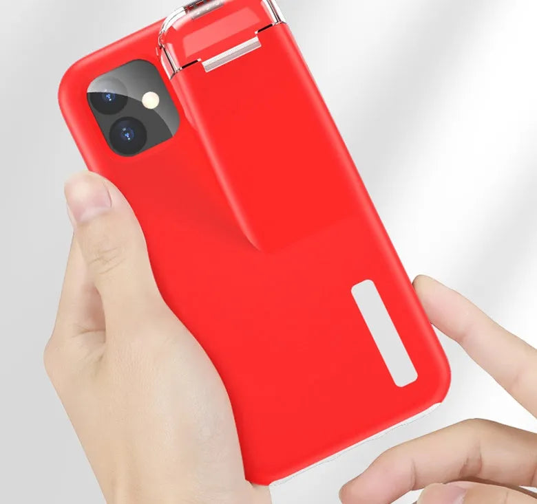 Black matte acrylic and silicone 2-in-1 case holding an iPhone and an AirPods charging case.
