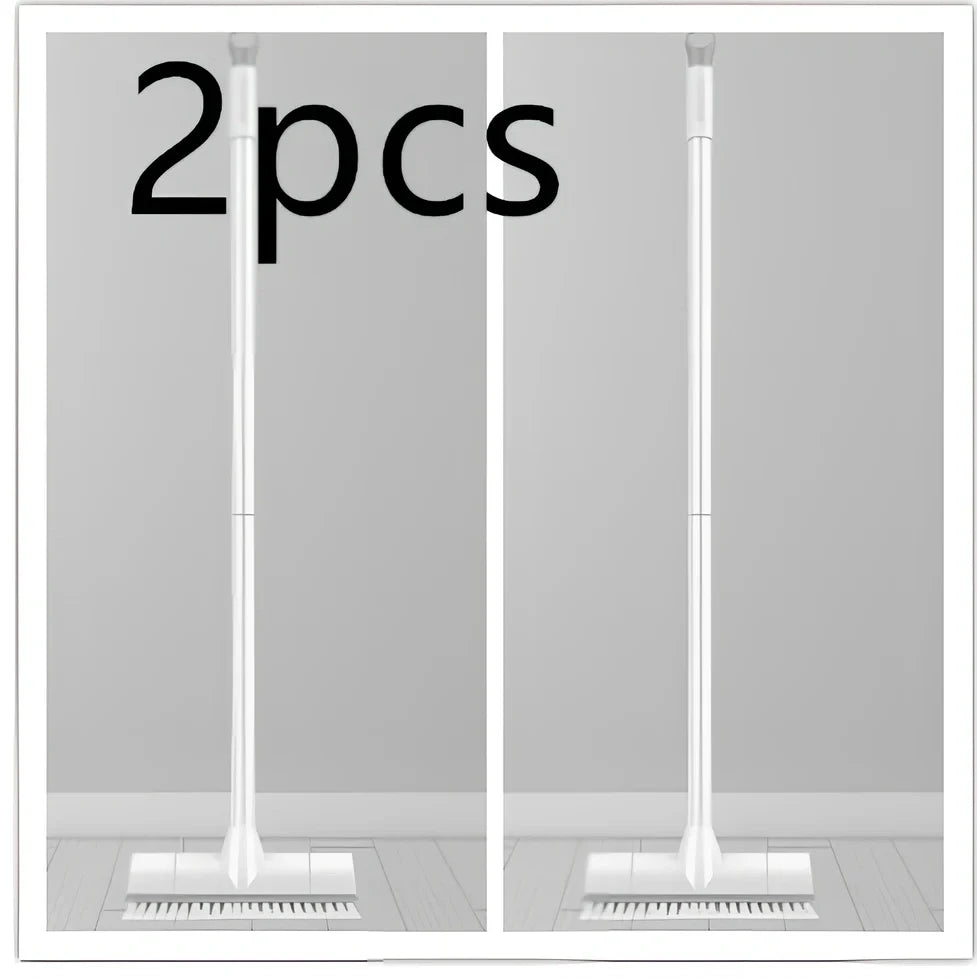 Foldable floor scrub brush with extended handle and integrated scraper for bathroom cleaning
