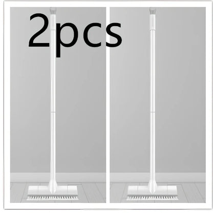 Foldable floor scrub brush with extended handle and integrated scraper for bathroom cleaning