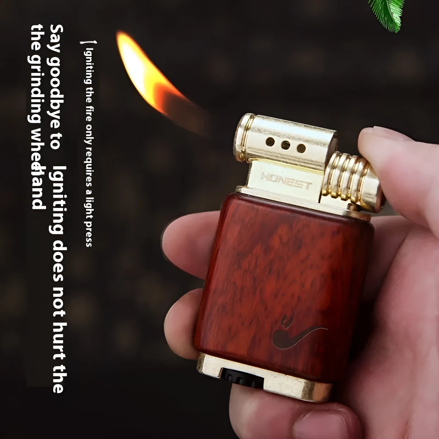 Ebony gas lighter with decorative rosewood and red wood carved panels