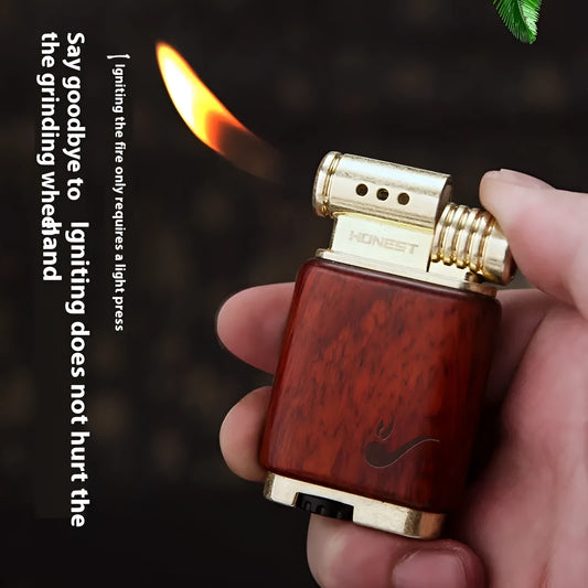 Ebony gas lighter with decorative rosewood and red wood carved panels