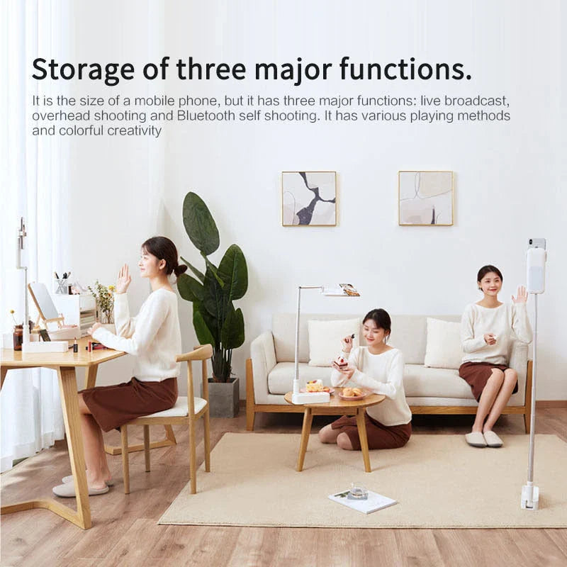 Premium adjustable selfie stick with Bluetooth remote control and built-in ring light for capturing professional-quality photos and videos