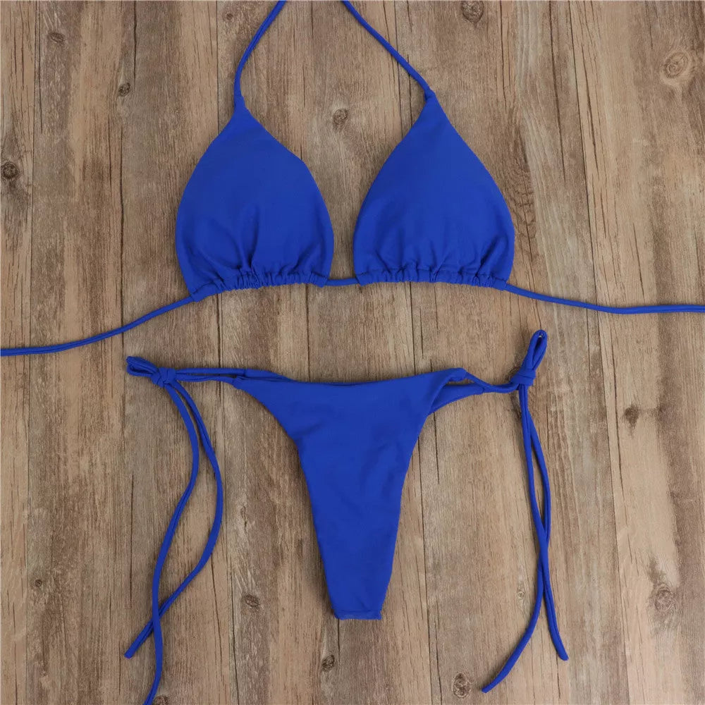 Adjustable halterneck bikini set with lace-up detail in various colors