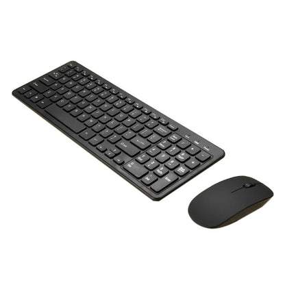 Black wireless keyboard and mouse set on a desk showing 96-key layout and compact mouse.