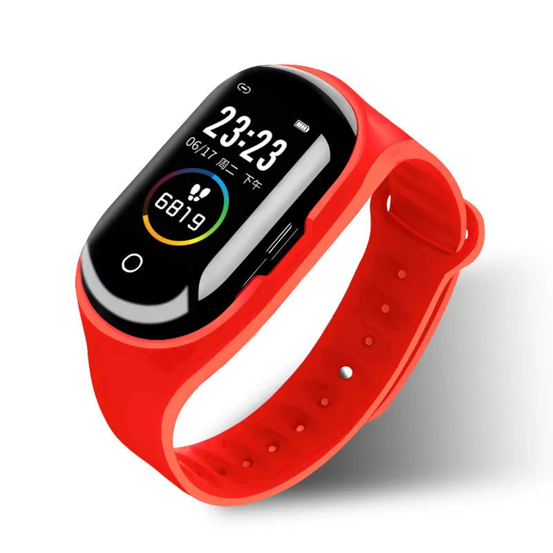 Blue, black, or red silicone smart bracelet with earphones for Android, showing 1-inch screen.