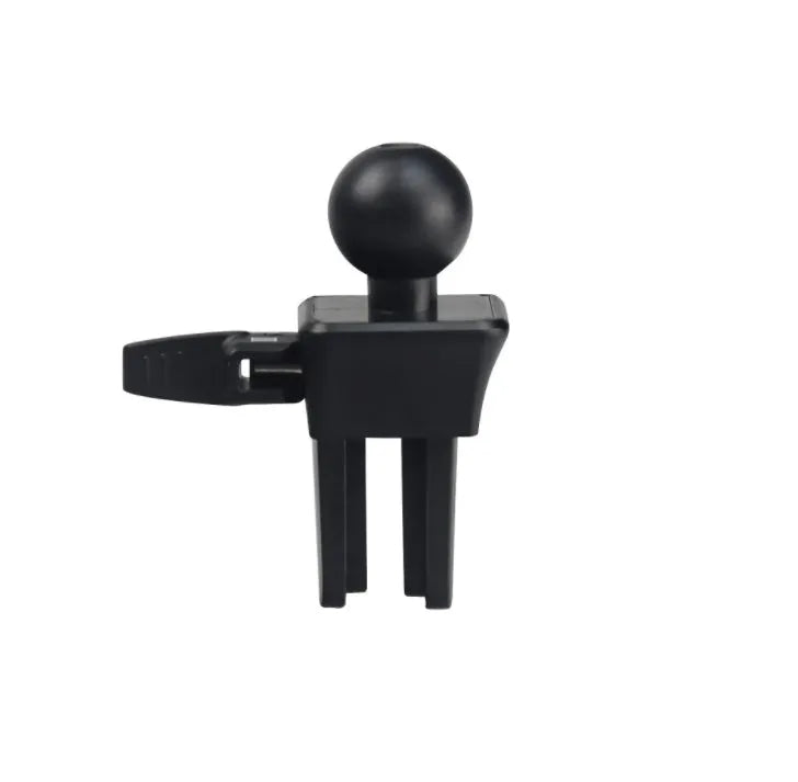 Black plastic mobile phone holder attached to a car air conditioning vent.