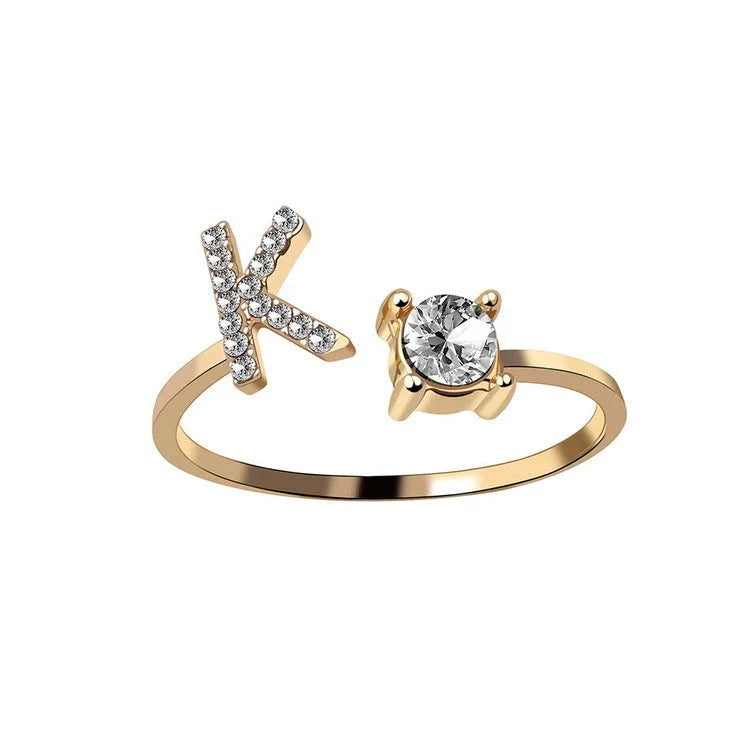 Personalized Initial Letter Adjustable Ring made of copper alloy and zircon, showcasing a vintage-inspired design