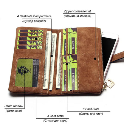 Korean-style retro matte leather long wallet in army green with zip closure and multiple interior card slots