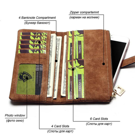 Korean-style retro matte leather long wallet in army green with zip closure and multiple interior card slots