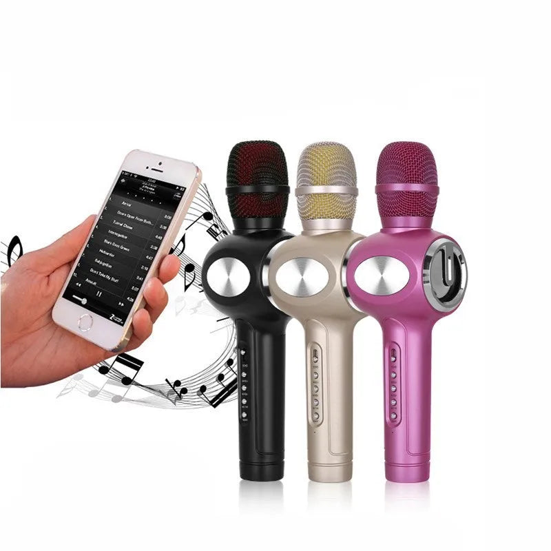 Wireless mobile microphone with capacitive pickup and 5W speaker output delivering 115dB sound pressure for clear vocal amplification in karaoke and public speaking with 2000mAh battery for extended use in black, gold, or pink colour options.