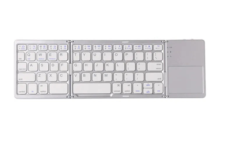 Tri-fold folding touch keyboard shown both unfolded for typing and folded for transport with touchpad