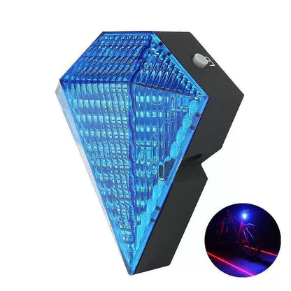 USB rechargeable bicycle tail light with laser safety feature in red and blue