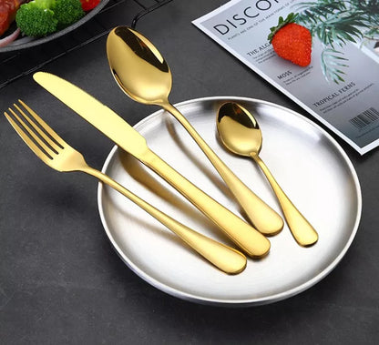 Stainless steel 24-piece tableware set with knives, forks, and spoons in rose gold, black, and gold
