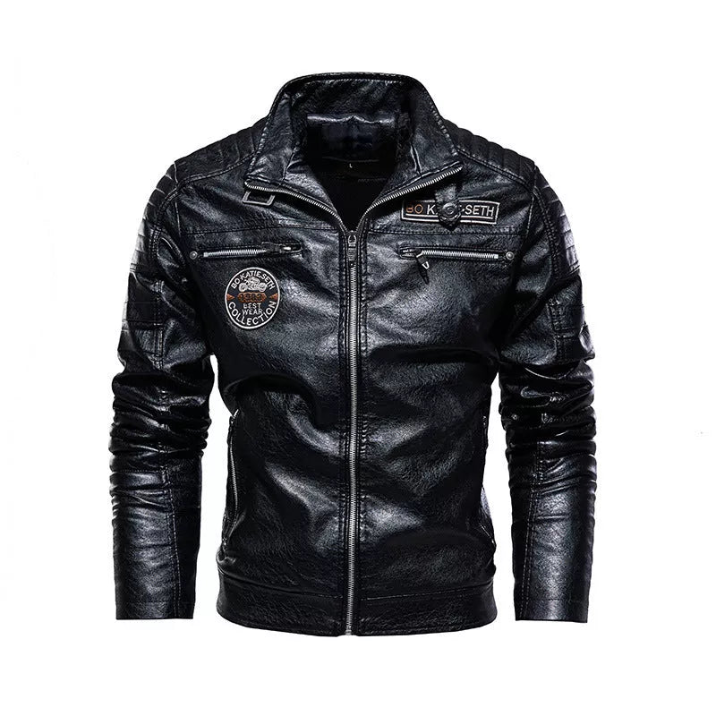 Men's black PU leather jacket with cotton lining, adjustable for diverse fits