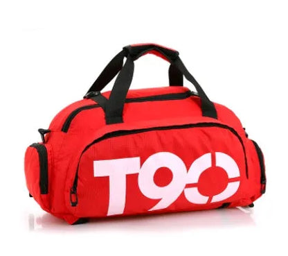 Oxford cloth fitness bag with three shoulder straps, soft handle, printed text pattern, square vertical shape, Large size