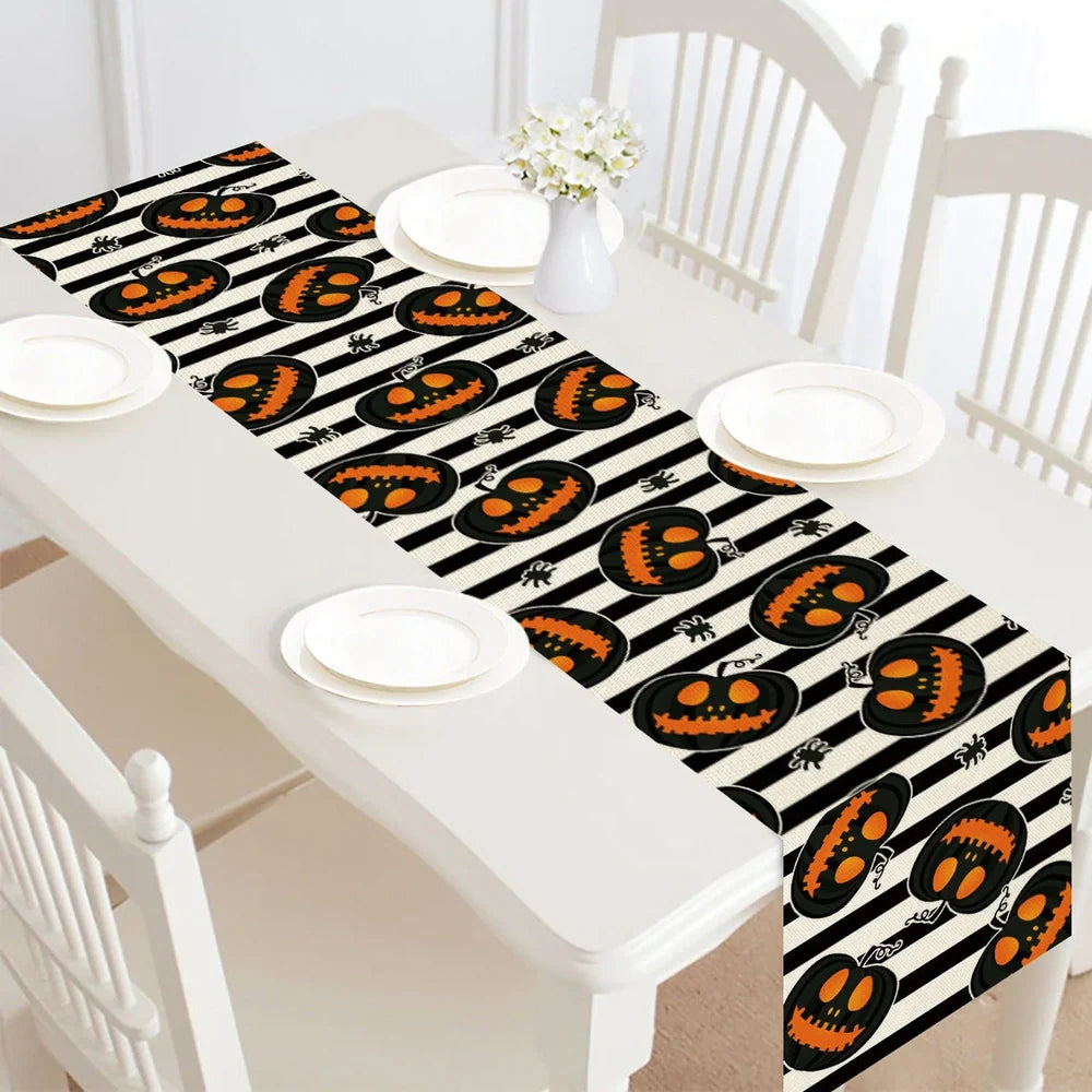 Halloween table runner with digital printed designs measuring 30cm by 182cm on polyester linen material