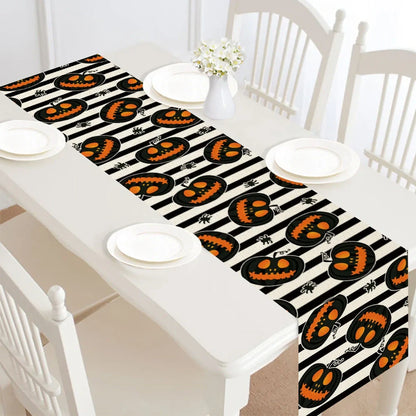 Halloween table runner with digital printed designs measuring 30cm by 182cm on polyester linen material