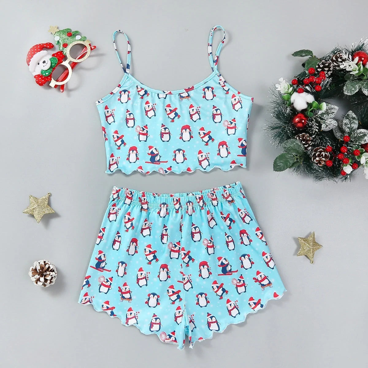 Christmas Women's Milk Silk Pajamas Set with Sleeveless Shorts in festive designs
