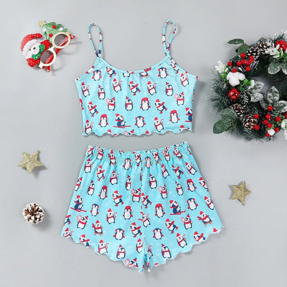 Christmas Women's Milk Silk Pajamas Set with Sleeveless Shorts in festive designs