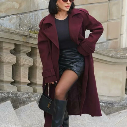 Premium woolen coat in wine red color with double-breasted design and belt for women's winter fashion