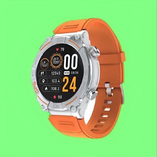 MG02 smart watch in black showing time and heart rate on its TFT touch screen.