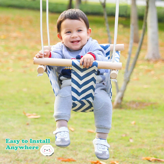 Infant Hanging Chair with blue and white canvas, adjustable ropes, and detachable cushion