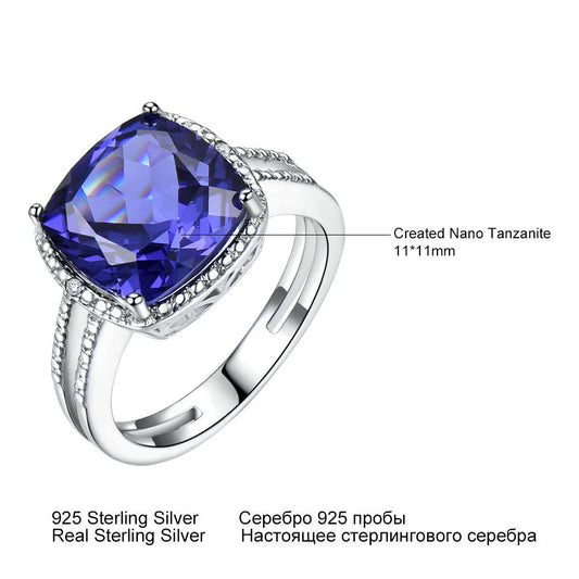 925 sterling silver ring with blue tanzanite gemstone, shown in UK sizes 6 to 10 for women's jewellery