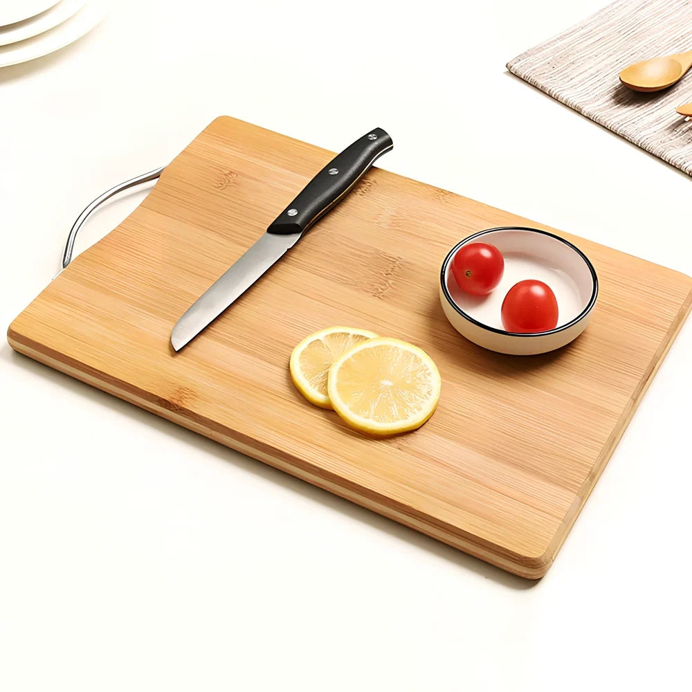 Bamboo cutting board with curved handle showing natural wood grain, rectangular shape with four size options