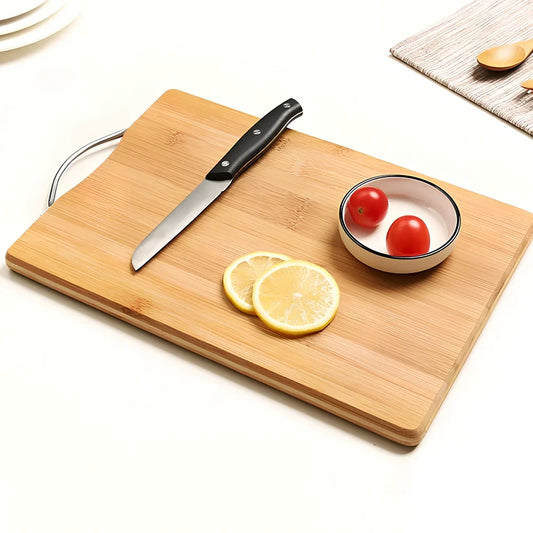 Bamboo cutting board with curved handle showing natural wood grain, rectangular shape with four size options