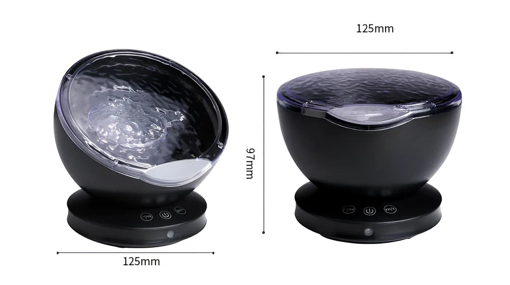 White and blue ocean wave projector measuring 13x12x12 cm with remote control