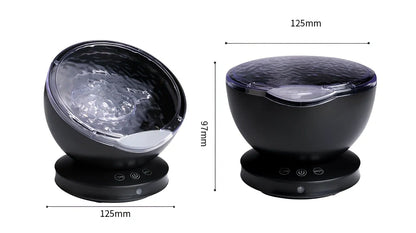 White and blue ocean wave projector measuring 13x12x12 cm with remote control