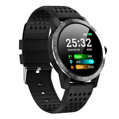 Black smart bracelet with colour screen displaying heart rate and fitness data on a wrist
