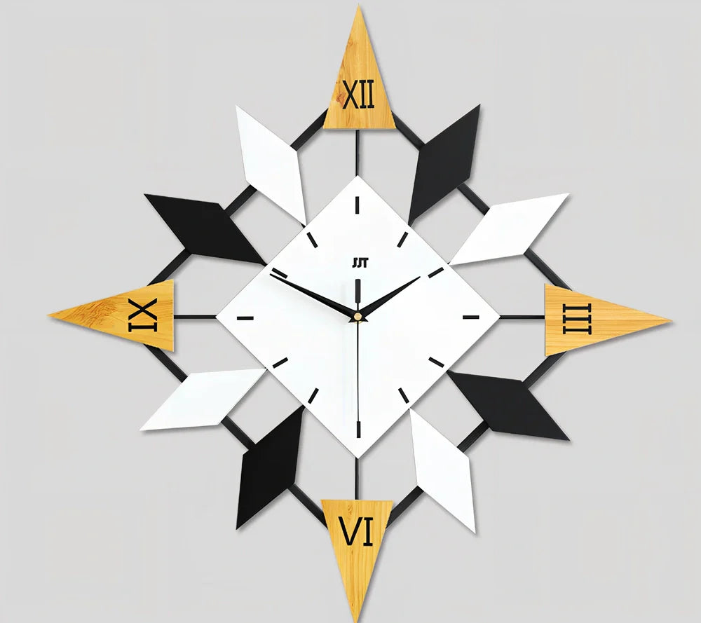 Large diamond pattern wall clock with solid wood dial measuring 60x60cm with silent movement